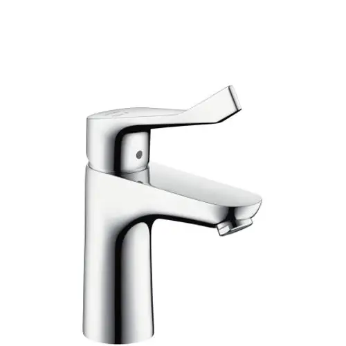 Chromfarbener Einhebel-Waschtischmischer von Hansgrohe mit länglichem Griff, geeignet für die Montage an einem Waschbecken, ohne Ablaufgarnitur sichtbar.